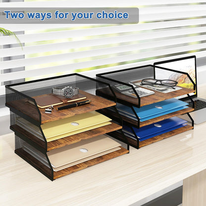Natwind 3-Tier Stackable Paper Tray, Metal Mesh Desktop Organizer, Paper Sorter, Letter Trays,File Document Storage Rack for for Home, Office, School (Retro)