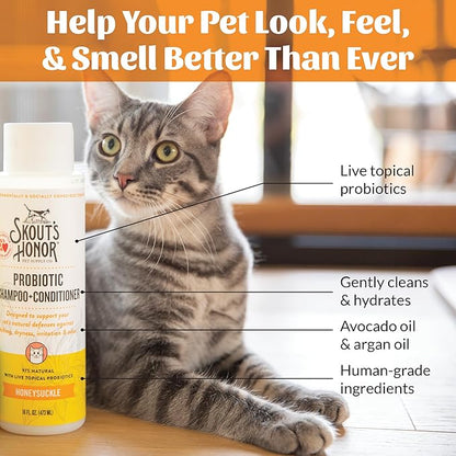 SKOUT'S HONOR Probiotic Cat Shampoo & Conditioner with Avocado Oil & Omega-3s, 97% Natural, Paraben & Sulfate-Free, Cruelty-Free, Defend Against Itch, Dryness, Irritation, 16oz, Honeysuckle