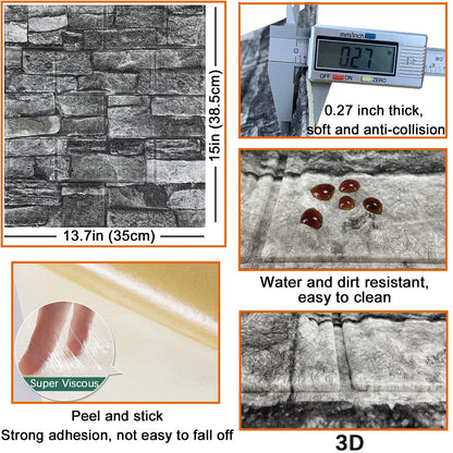10PCS 3D Wall Panels Peel and Stick 3D Brick Wallpaper Peel and Stick Faux Stone Wall Panel Foam Brick Self-Adhesive Wallpaper (Black,10pcs)