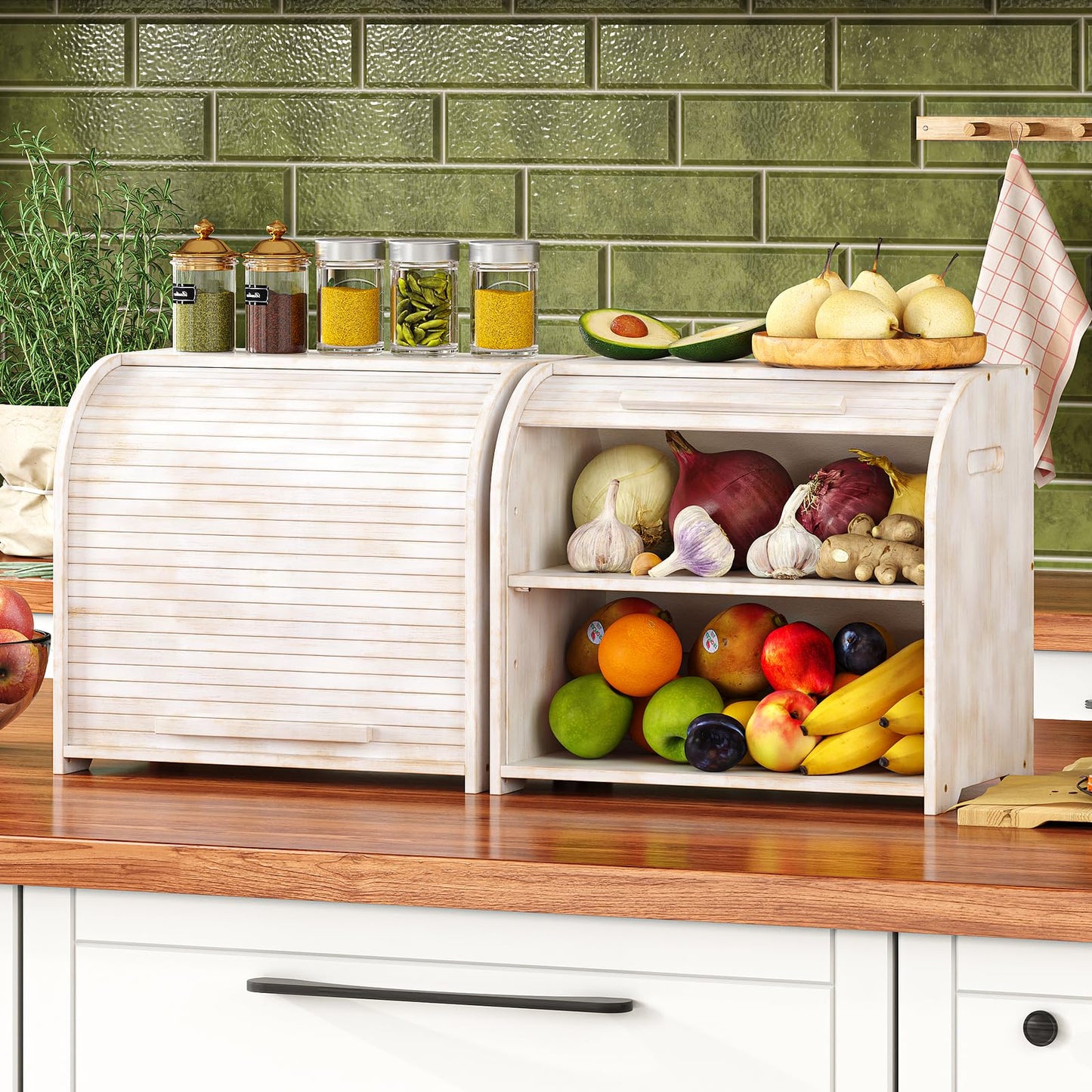 Trironsun Bamboo Roll Top Bread Box for Kitchen Countertop Large Capacity Bread Storage Bin 2 Layer Wooden Bread Storage Organizer Natural Breadbox for Food Storage (Antique White)