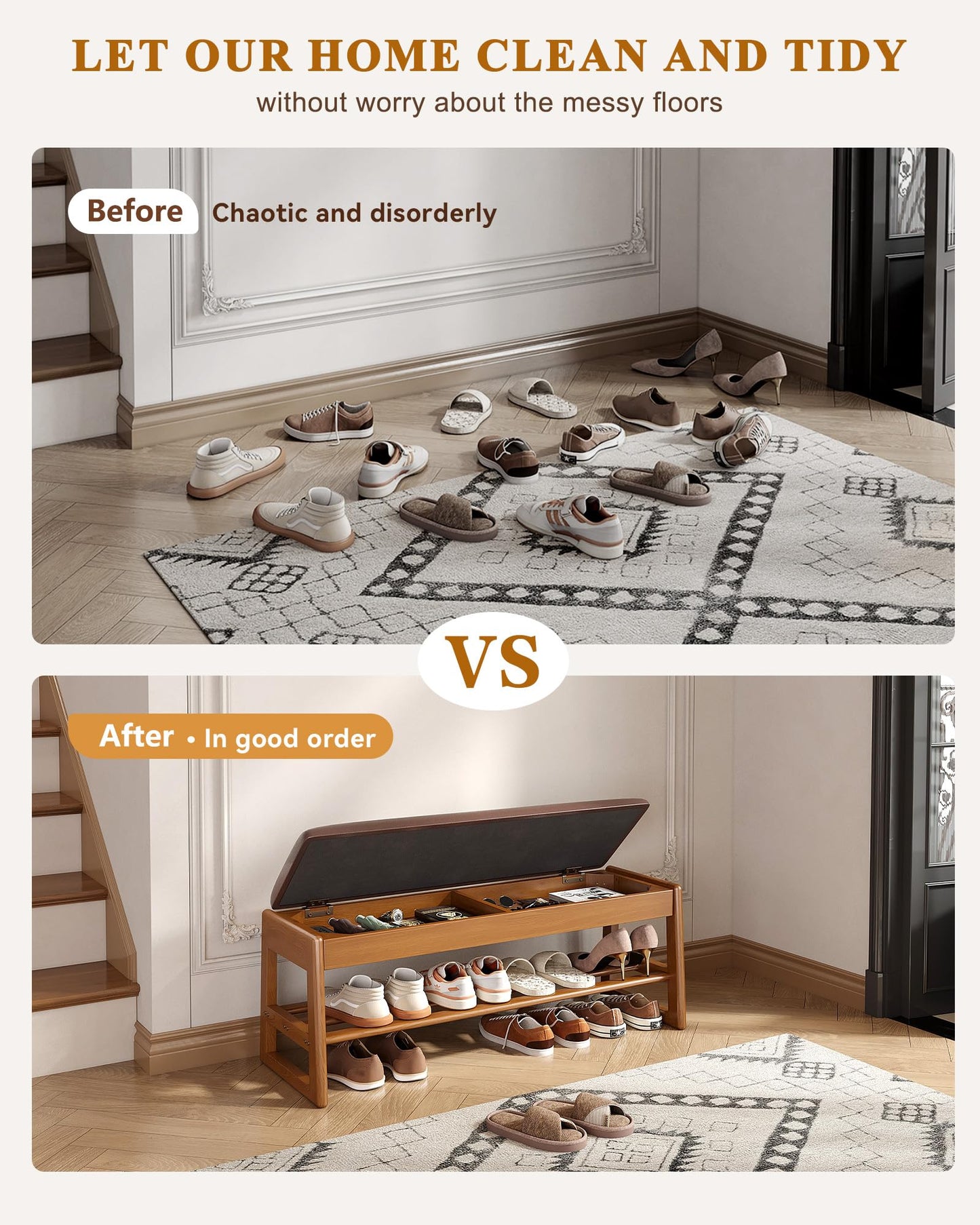 Shoe Rack Bench with Hidden Storage, 2-Tier Solid Rubberwood Entryway Bench with Soft Leather Cushioned Seat & Flip-Top Storage, 330lbs Capacity, Wooden Shoe Organizer for Hallway, Closet, Foyer