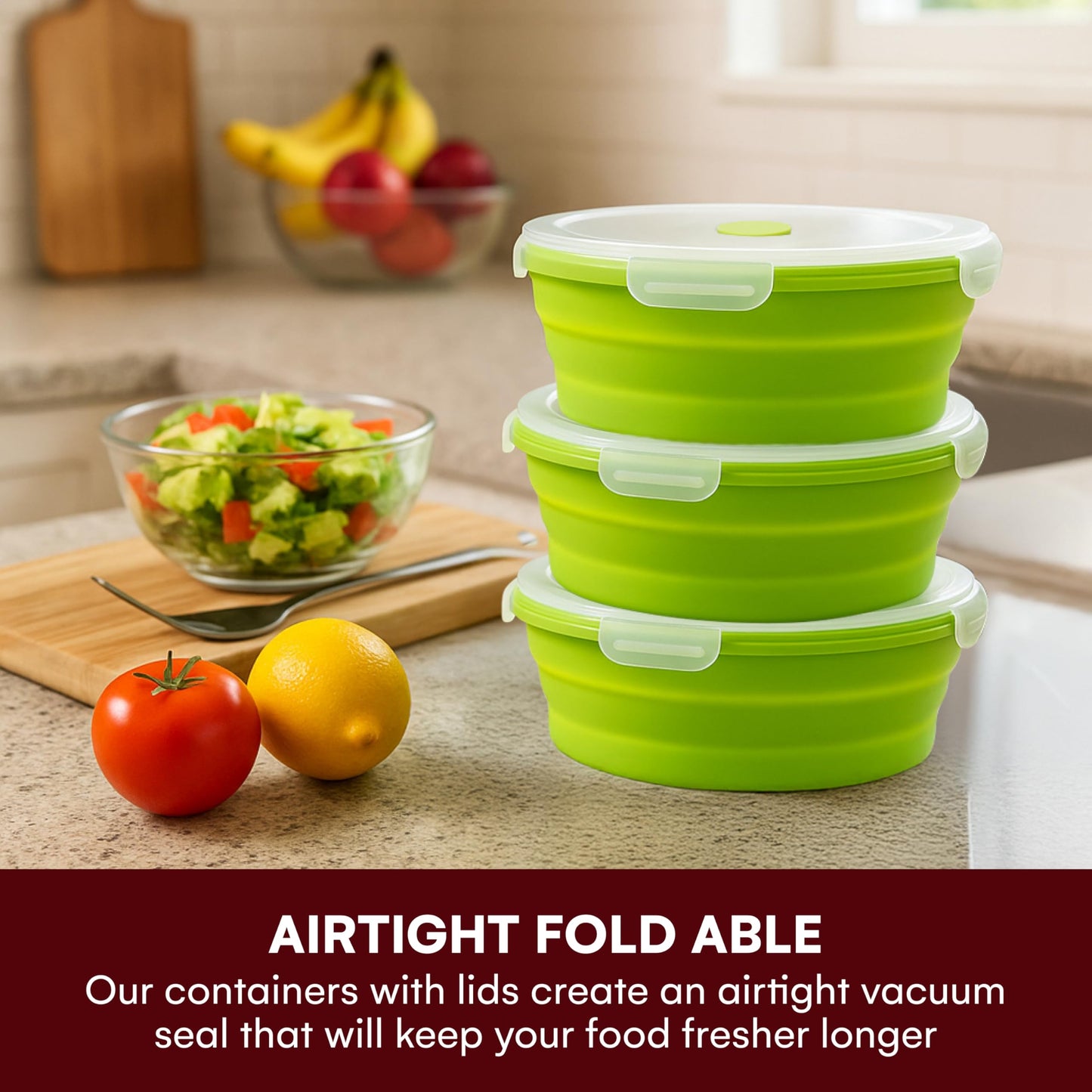 Vdomus Collapsible Food Storage Containers - Leak Proof, Microwave Safe - 40.5oz/1.2L Airtight Silicone Food Containers - Meal Prep Collapsible Bowls with Lids - Set of 3 - Green