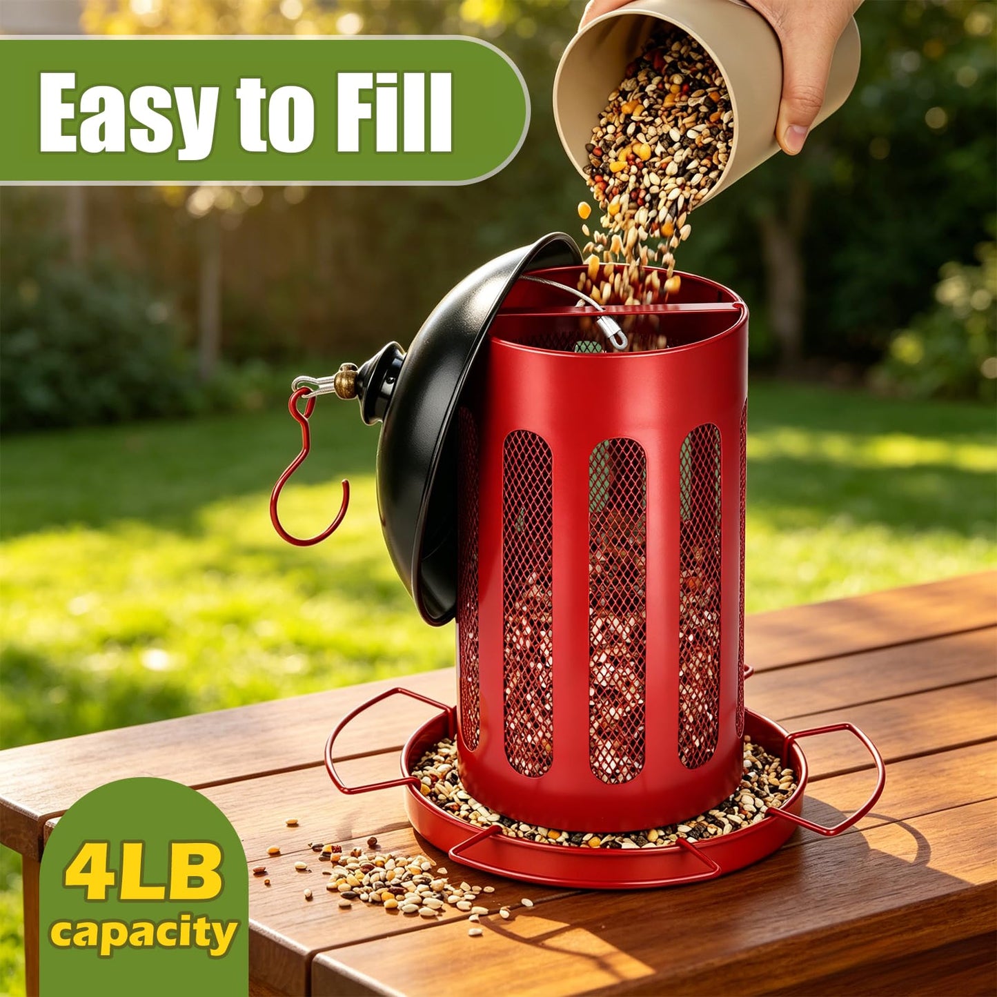 IWNTWY Bird Feeder, Large Capacity Bird Feeders for Outdoor Hanging, Heavy Duty Metal Wild Birdfeeder for Outside Garden Yard Decor, Retro Lantern Shape (Red)