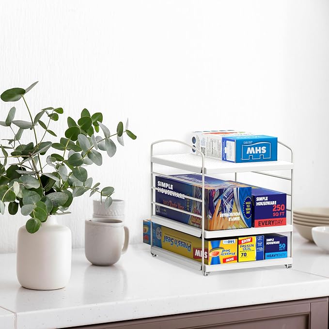 Simple Houseware Kitchen Wrap Organizer Storage Height Adjustable Rack, White