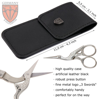 3 Swords Germany - Embroidery Scissors, Stork Scissors Shears for Art Work, Daily Use in Household, Sewing, crocheting, Art Work, Craft, needle work with black Synthetic Leather case