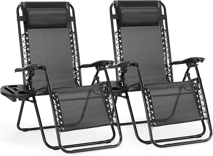 NEWBULIG Zero Gravity Chair Set of 2, Lounge Chair Folding Portable Adjustable Camping Reclining Chairs with Adjustable Pollow, Mesh Back, Cup Holder Trays Lawn Patio Chair for Pool Beach - Black