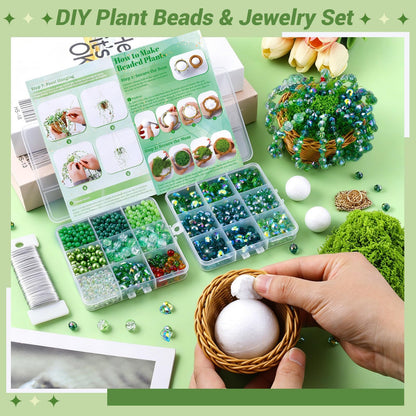 Wurosi 853 PCS Green Beaded Plant Kit with Rattan Basket, Green Beads for Beaded Plants with Hanging Chain and Video Manual, Forever Plant Beaded Making Kit for Jewelry Making and DIY Crafts