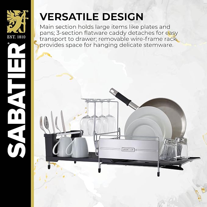 Sabatier Expandable Dish Drying Rack with Drainboard - Stainless Steel Dish Rack for Kitchen Counter, Stemware Holder and Utensil Caddy Included