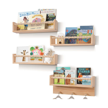 BOMID Wall Bookshelves,Set of 4 Natural Wood Floating Bookshelf,Nursery Shelves,Floating Book Shelves for Wall(Burlywood)