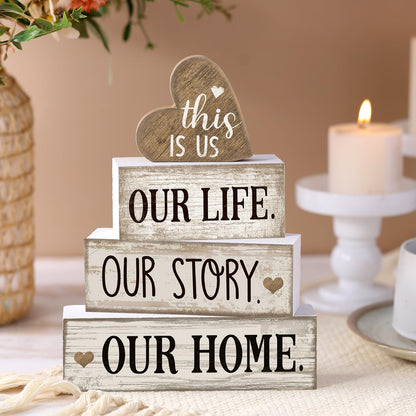 Conelist 4 Pcs Farmhouse Table Decoration Home Sweet Farmhouse Tiered Tray Decor This is Us Centerpiece Rustic Heart Boat Pink Bow Bless Block Sign Gift for Kitchen Table Kitchen Shelf (Heart)