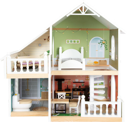 Small Foot Wooden Dollhouse with Roof Terrace & Furniture – Modern Open Front Doll House with Bedroom, Bathroom & Kitchen – Kids Role Play Toy for Ages 3+