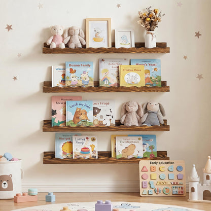 Fun Memories Picture Ledge Shelf for Wall, 36 inch Pine Wood Nursery Book Shelves Set of 2- Wall Book Shelves for Kids Room, Home Decor - Kitchen Spice-Carbonized