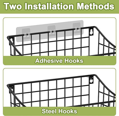 Wall Basket with Label Plate & 5 S-Hooks –4 Pack Hanging Wire Basket