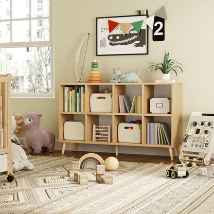 8 Cube Storage Organizer, Mid-Century Modern Wooden Bookcase with 5 Solid Wood Legs, Horizontal Cubby Bookshelf Fits 11 Inch Bins, Versatile Console TV Stand for Living Room, Kids Room, Natural