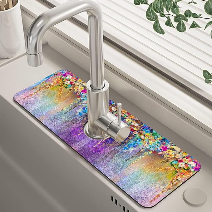 Abstract Watercolor Flowers Dish Drying Mat