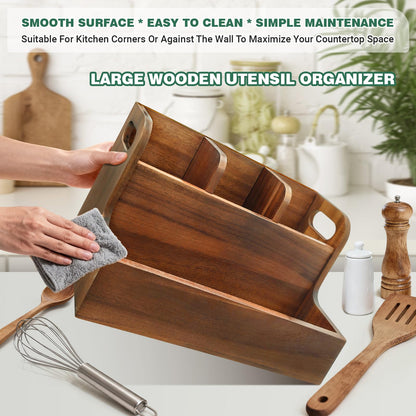 LAGOUPICK Kitchen Utensil Holder for Countertop with 4 Compartments Acacia Large Utensil Holder Wooden Storage for Cooking,Baking,Flatware Tool Kitchen Utensil Organizer