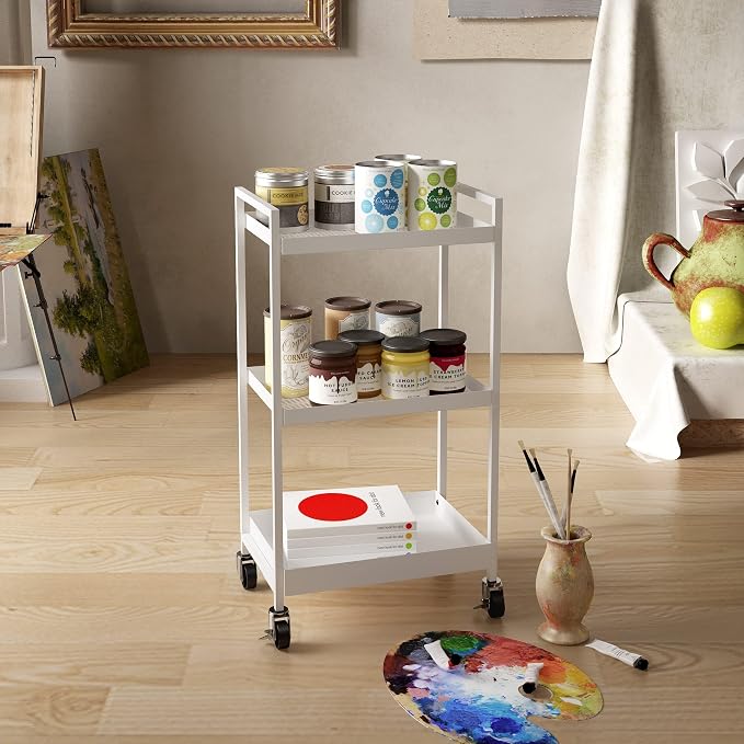 3-Tier Metal Utility Rolling Cart, Heavy Duty Multifunction Rectangular Cart with Lockable Casters, Kitchen Storage Carts Suitable for Office, Bathroom, Kitchen - White