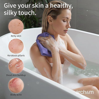 ARCH&M Exfoliating Washcloth, Korean & Japanese Style, 3 Pack | Orange Purple Navy-Blue, Nylon Back Scrubber, Daily Use Deep Clean & Smooth Skin, More Hygienic Than Loofah
