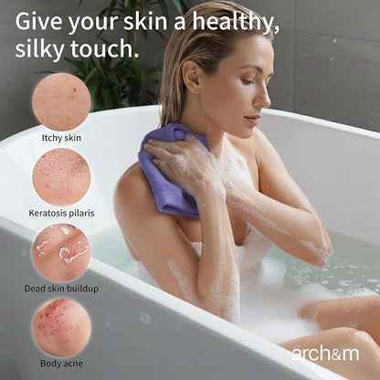 ARCH&M Exfoliating Washcloth & Body Scrubber, Peach, 3 Pack | Back Scrubber for Shower, Smoother Skin, Japanese Beauty Washcloth, Korean Deep Exfoliation, Daily Use, Sponge Loofah