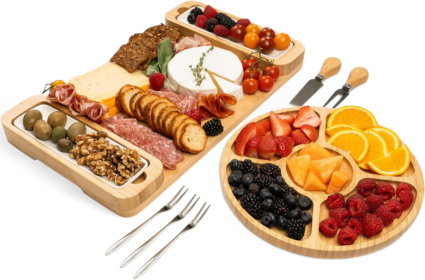 Charcuterie Board Gift Set - Bamboo Cheese Board & Serving Tray for Meat, Cheese, Crackers, Fruit - Large Wooden Charcuterie Boards for Parties - Wedding Gift, Housewarming, Gifts for Women & Couples