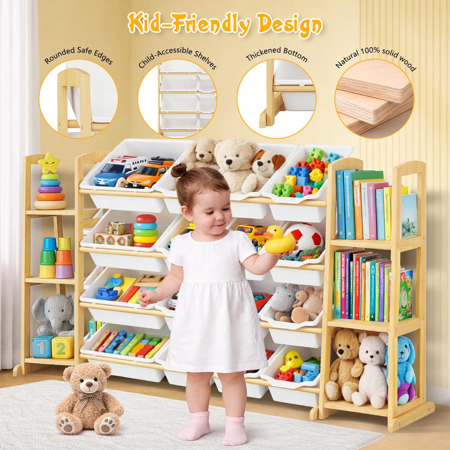 Etitlly Kids Toy Storage Organizer with Bookshelf – Wooden Shelf with 16 Bins & 6 Shelves, Quick Assembly Storage Rack for Playroom, Bedroom, Nursery - White
