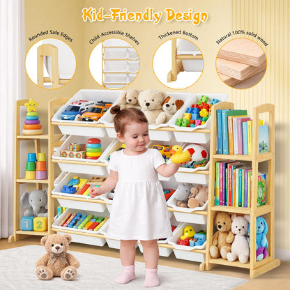 Etitlly Kids Toy Storage Organizer with Bookshelf – Wooden Shelf with 16 Bins & 6 Shelves, Quick Assembly Storage Rack for Playroom, Bedroom, Nursery - White