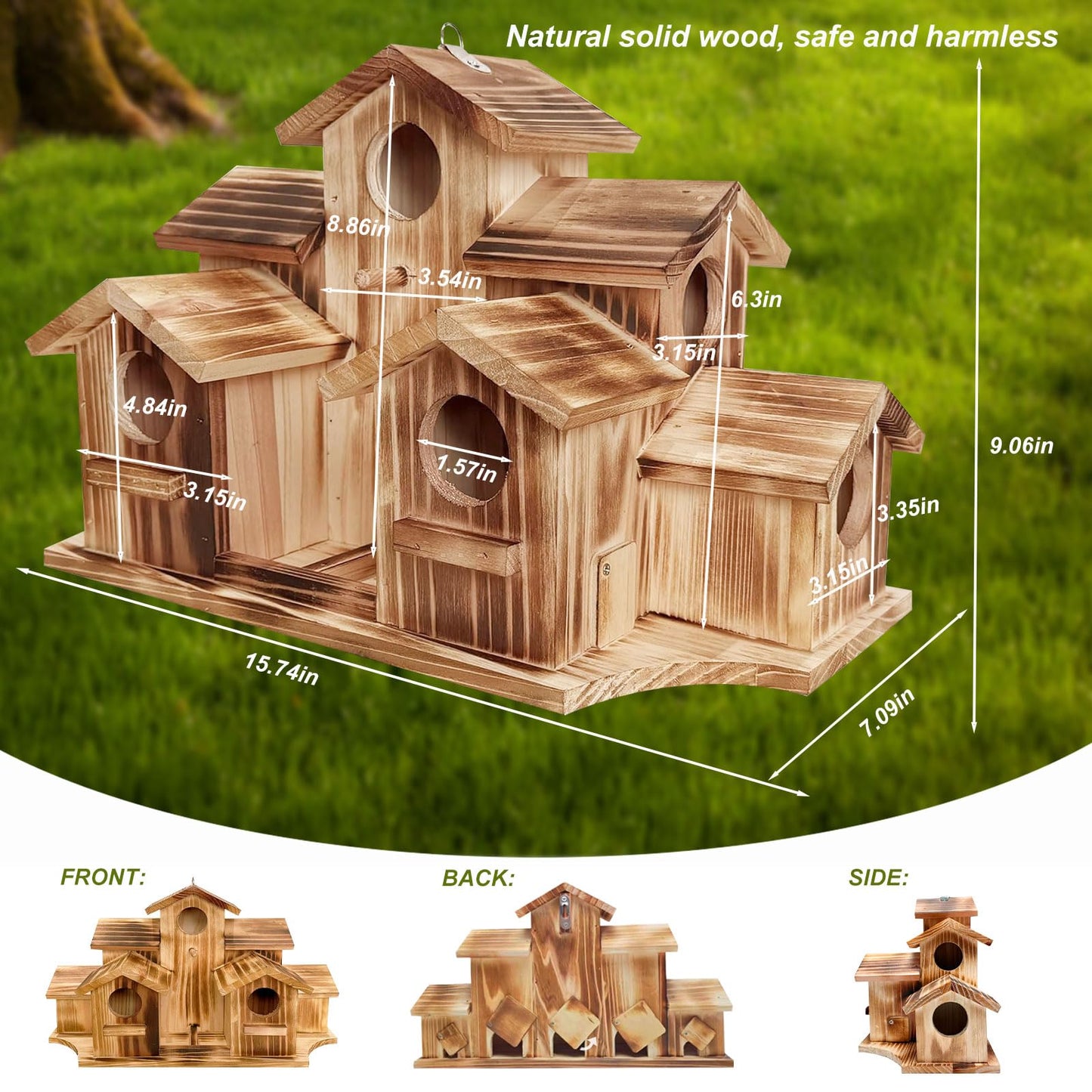 Wooden Bird House for Outside, 7-Compartment Large Birdhouse Castle with Perches, Weatherproof Burnt Wood Hanging Bird Nest for Garden Patio, Decorative Bird Shelter for Bluebird, Finch, Sparrow