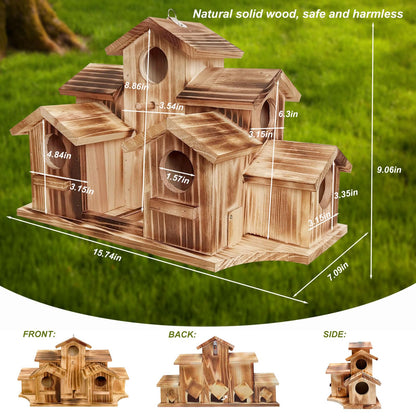 Wooden Bird House for Outside, 7-Compartment Large Birdhouse Castle with Perches, Weatherproof Burnt Wood Hanging Bird Nest for Garden Patio, Decorative Bird Shelter for Bluebird, Finch, Sparrow