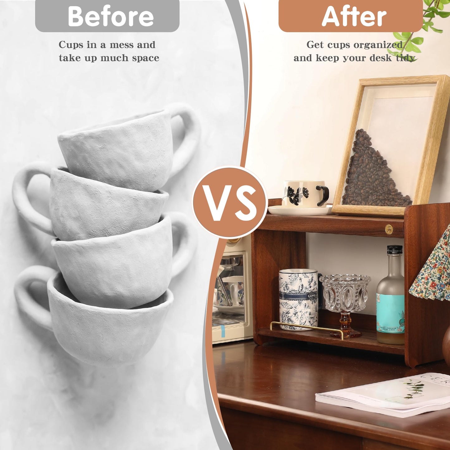 KAOTGOT Coffee Mug Holder Wooden Cup Rack Mug Display Shelf Coffee Cup Holder for Countertop with 2 Tier Wood Coffee Mugs Holder for Kitchen Coffee Cup Storage