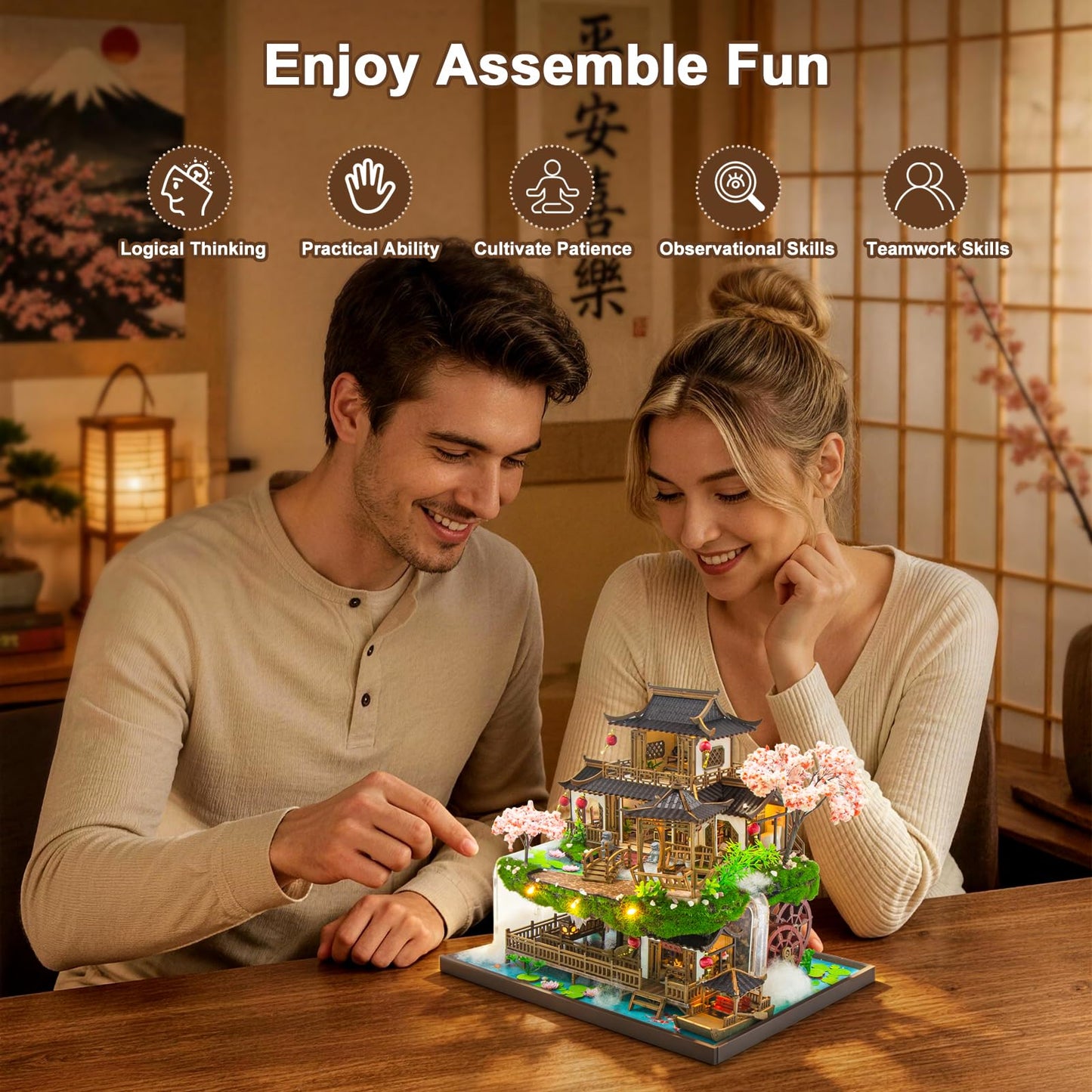 Hallisun DIY Miniature House Kit, Fairyland Tiny 3D Wooden House Making Set for Adults, Dollhouse Bookshelf Decor with Furniture & LED Lights, Christmas Birthday Greenhouse Craft Gift for Friend