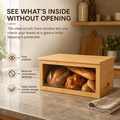 Inspera Bamboo Bread Box with Cutting Board Lid – Large Wooden Kitchen Countertop Storage Bin for Loaves and Pastries – Clear Acrylic Window Display – 15.4 x 9.9 Inch