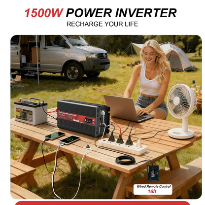 OYPSX 1500W Power Inverter 12V to 110V 120V AC Pure Sine Wave Inverter for RV Truck Camping,Outdoor Off-Grid Power Converter with LCD Display,Wired Controller,AC Outlets USB Ports (12V-1500Watt)