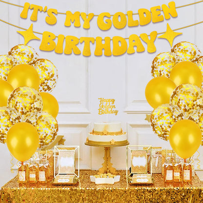 Golden Birthday Party Decorations PremiumIt’s My Golden Birthday Sash & Banner, Gold Cake Topper, Fringe Curtains, Balloons for Adult Women Men Party Supplies