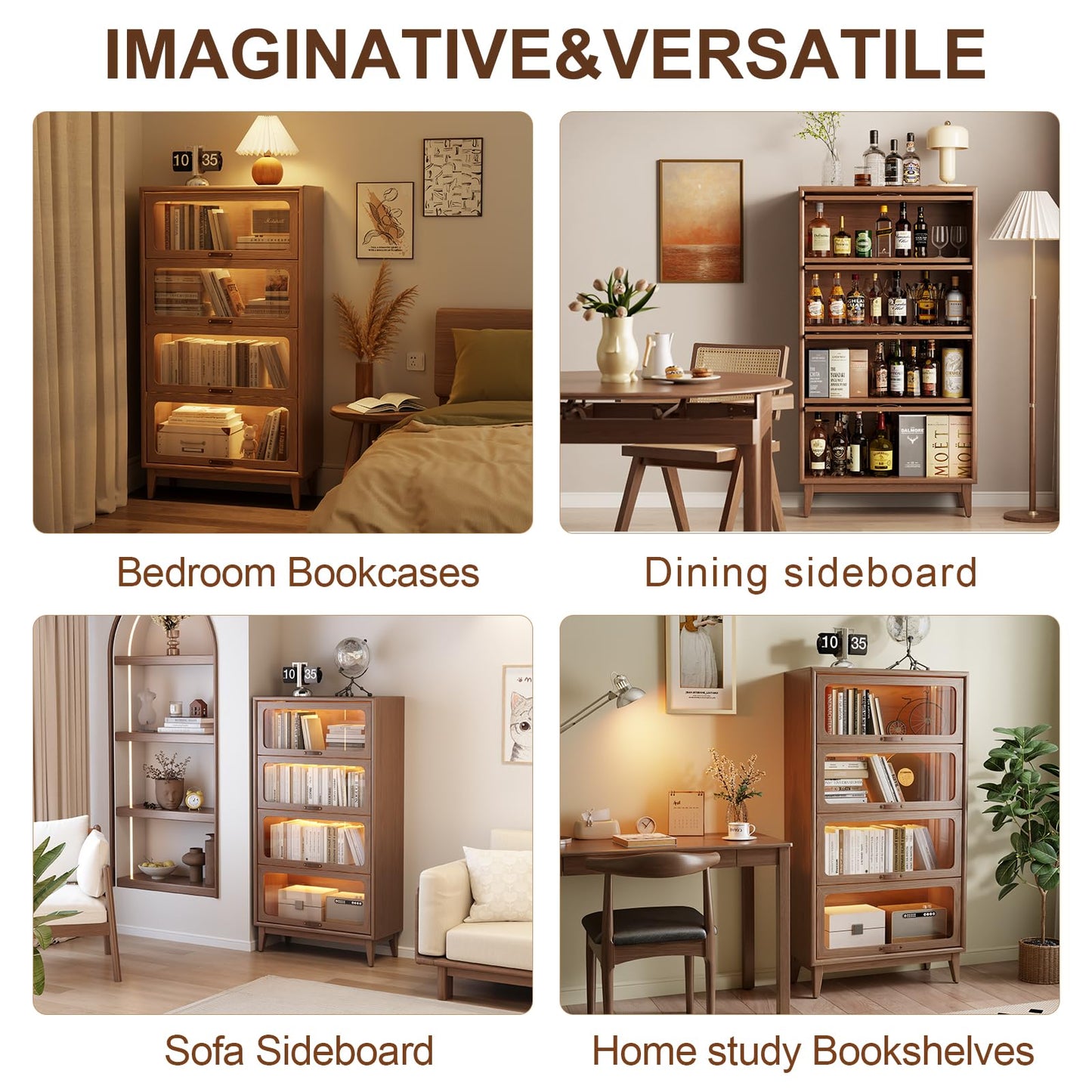 Solid Wood 4 Tier Bookcase with Tempered Glass Doors, Elegant Wooden Book Shelf with Doors 60H/32w/14 inch Log Khaki, Luxury Antique Bookcase Artwork Book Shelves/case for Home Office