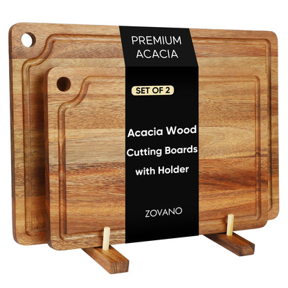 Acacia Wood Cutting Board Set of 2 with Storage Stand,Wooden Chopping Boards with Drying Holder， Deep Juice Grooves & Hanging Holes, Reversible Charcuterie Boards, Housewarming Gift