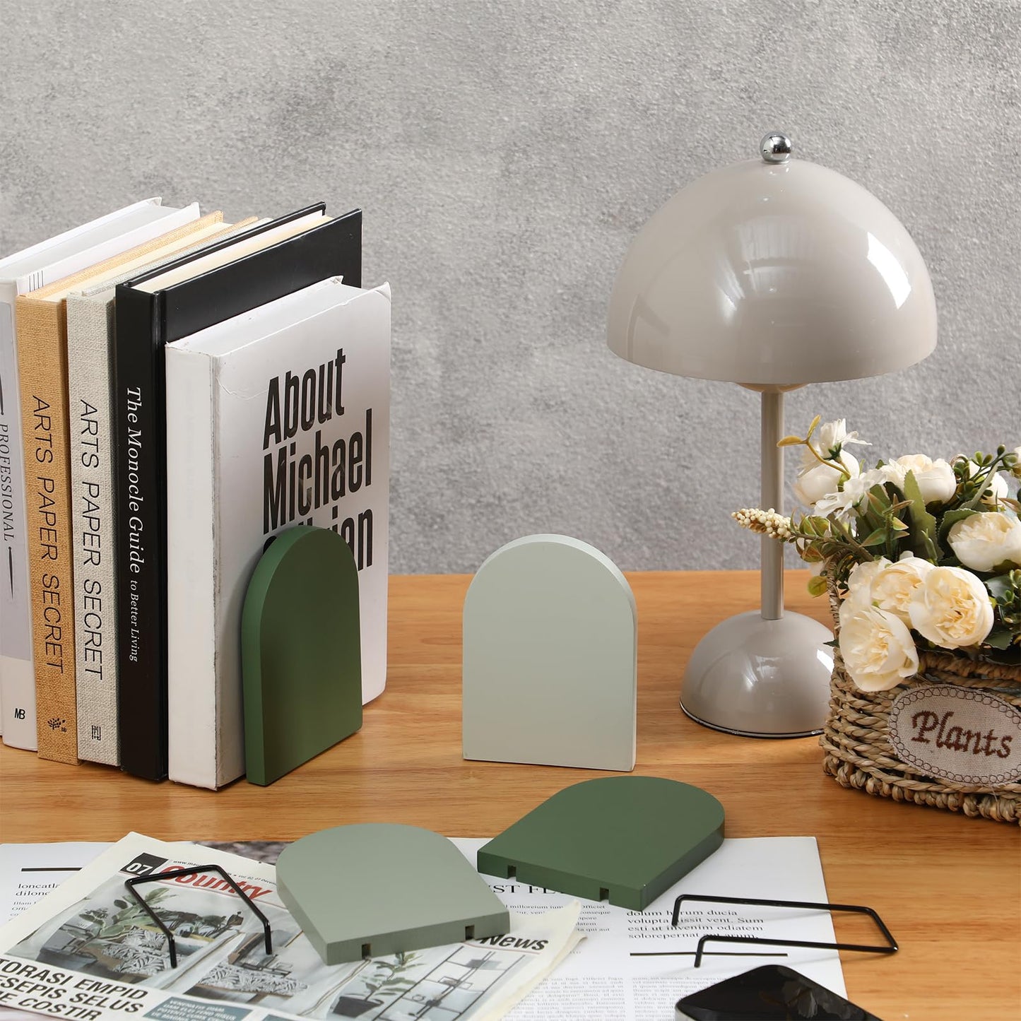Honoson 4 Pcs Boho Wood Bookends Back to School Sage Green Wooden Book Stands Decorative Non Skid Book Stoppers for Books Cds Videos Albums Office Desktop Shelves(Green)