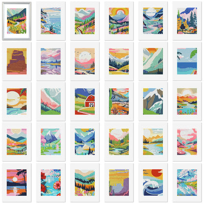 Xuhal 30 Pcs Landscape Small Diamond Painting Kits for Adults Sunrises & Sunset Mini Diamond Art Kits Mini Mountain Landscape Rhinestones Crafts with Cardboard for Home Wall Decor