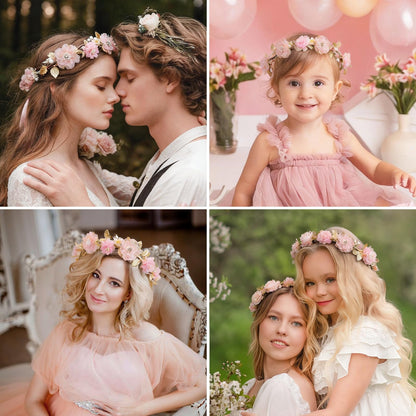 ZWLIYCHN Hot Pink Flower Crown Headband Adjustable Fairy Flower Crown with Golden Leaf Bohemia Floral Halo Headpiece Flower Garland Headband for Boho Wedding Flower Girl Maternity Photo Props