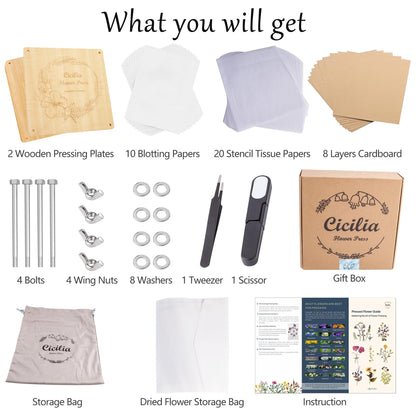Cicilia Flower Press Kit, 9.84"x9.84" 8 Layers, Premium Wooden Pressing Boards, Crafting Kits for Adults & Kids,Great Gift, Preservation for Bookmark Frame Wedding Flower Drying