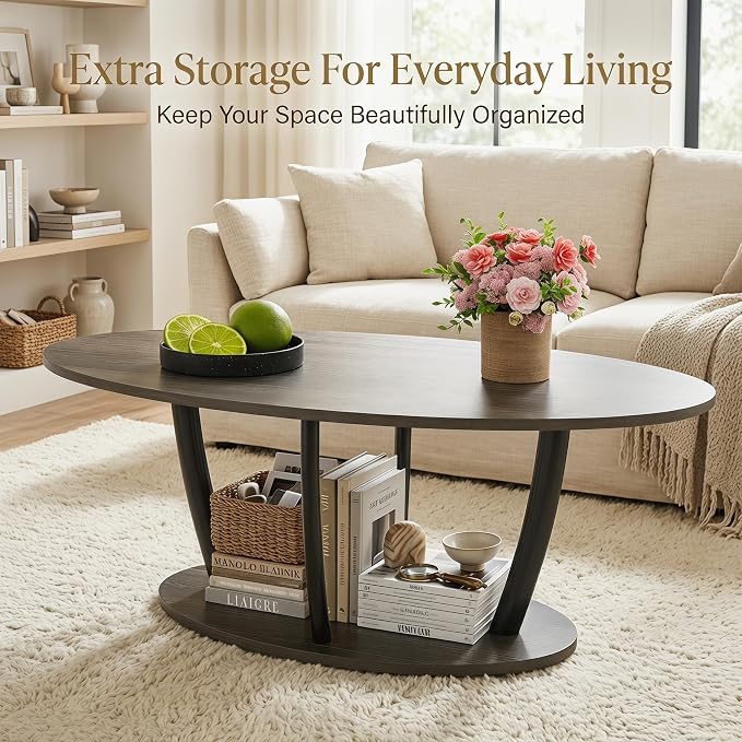 Manora Rustic Small Oval Coffee Table for Living Room, Narrow Wood Center Table with Shelf, Retro Style Coffee Table with Curved Metal Legs, Stable and Easy Assembly, Gray