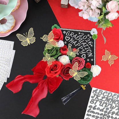 Jollyboom Graduation Cap Decorations Kit Red Green, 2026 Graduation Cap Decorations Mexican Cap Topper DIY Craft Flowers Butterfly Stickers Red Bow Trim Gold 2026 Pendant for Graduation Cap DIY