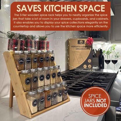Bamboo Spice Rack and Organizer, 3-tier Seasoning Spice Jar Organizer, Excellent Tiered Wooden Spice Racks Free Standing for Cabinet Drawers and Countertop [Spice Jars Not Included]