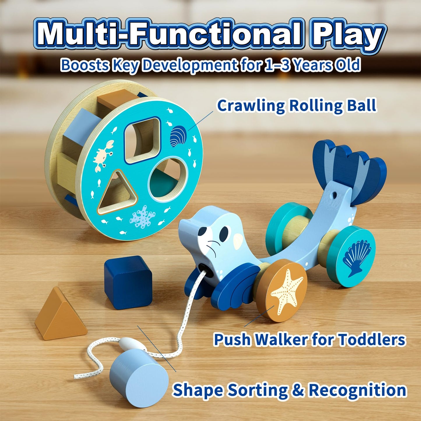 LOVELAND Wooden Seal Pull Along Toy, 3-in-1 Interactive Walker for Toddlers 1-3 with Rattle Ball & Shape Sorter, STEM Educational Push Pull Walking & Crawling Toy for Baby Boy Girl Birthday Gifts