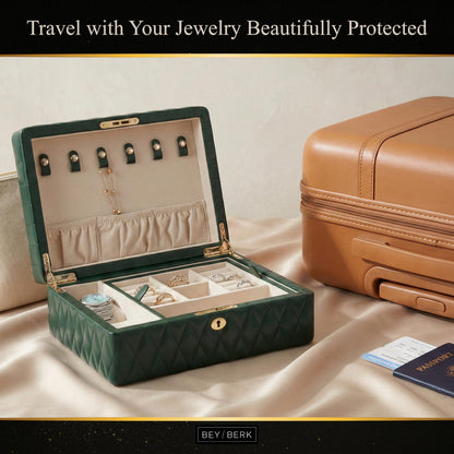 Bey-Berk Diamond-Quilted Leather Travel Jewelry Box (Green), 8" x 10.5" x 4.75" Locking Organizer with Necklace Hooks, Ring Rows and Watch Section