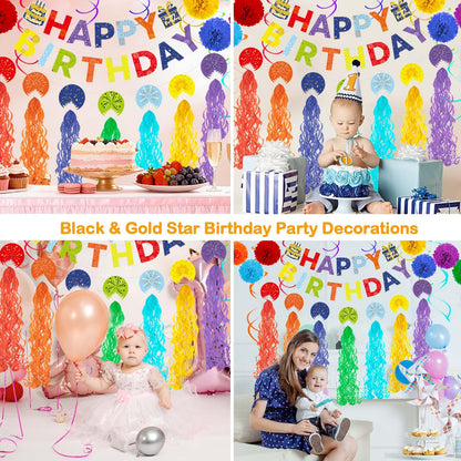 Rainbow Birthday Decorations Kit, 22Pcs Pre-Strung Happy Birthday Banner, Hanging Swirls & Paper Flowers for 21st 30th 40th 50th 60th Milestone Birthday Party Supplies