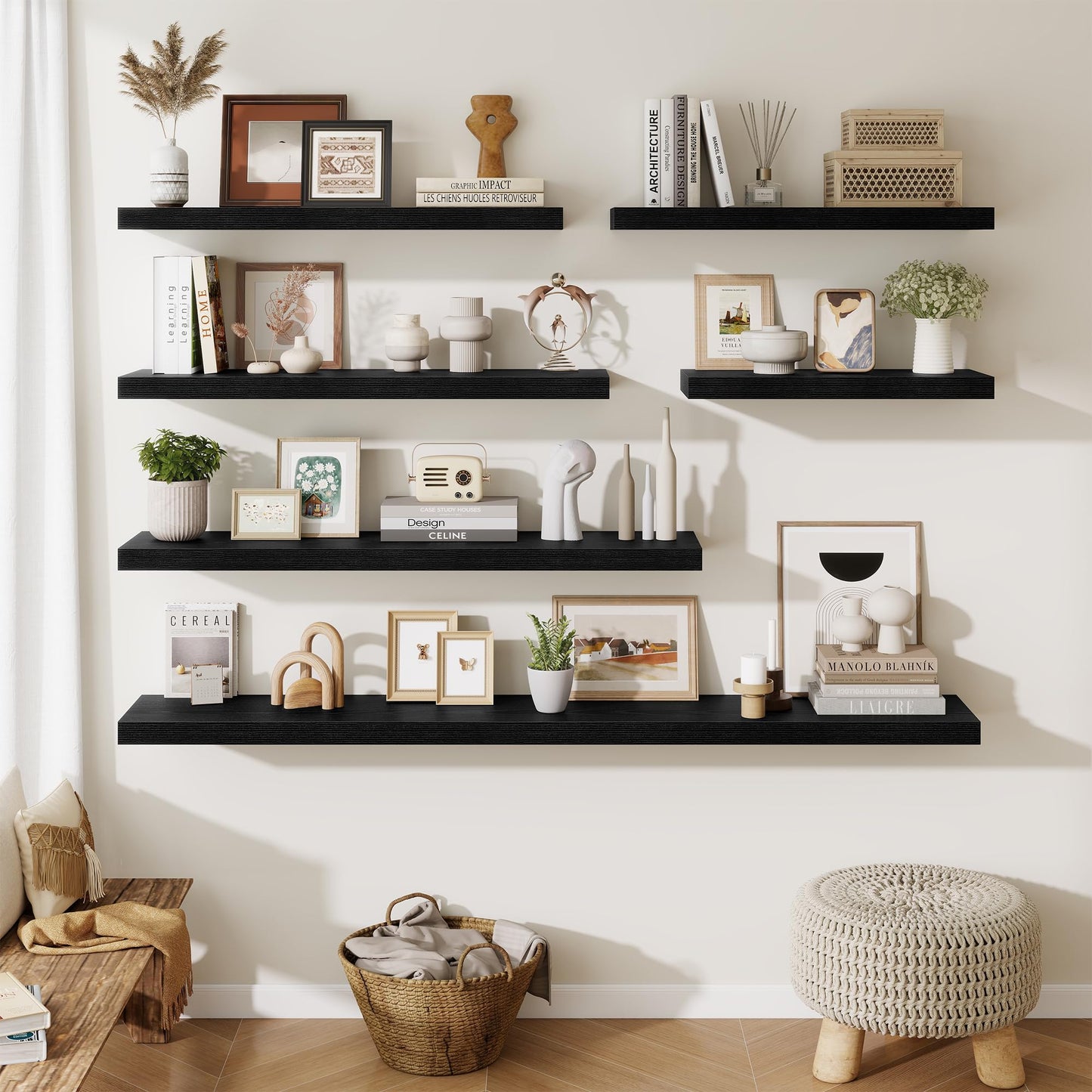 Fun Memories Floating Shelves for Wall, 32 Inch Long Floating Shelves Set of 2, 32 x 10 Wooden Shelves for Wall, Large Storage Shelves, Hanging Shelves for Bathroom Kitchen Bedroom, Black