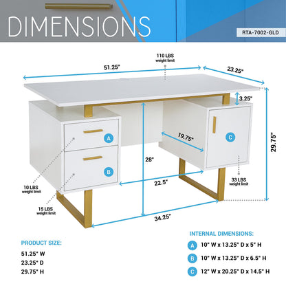 Techni Mobili Storage Drawers and Cabinet 51.25” W-Modern Office Large Floating Desktop Surface Desk, 23.6" D x 51.2" W x 29.8" H, White/Gold