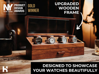 Premium 4 Slot Watch Box for Men (2026 Upgraded) – Wooden Watch Display Case with Hinged Wood Cover, Leather Lining & Drawer – Watch Organizer Stand – Handcrafted Luxury Father's Day Present for Men