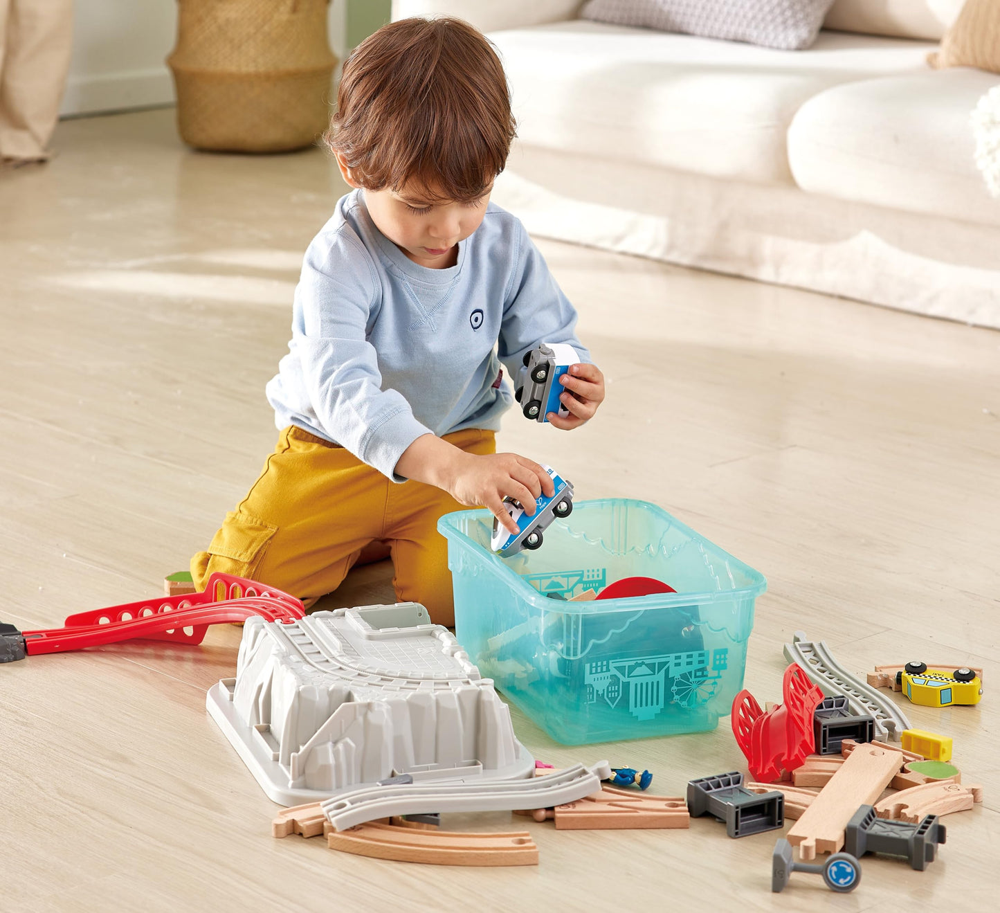 Hape City Railway and Train Bucket Set Toy with Hoisting Magnetic Crane for Trains, Trucks, and Cargo for Kids Ages 3 and Up, Multicolor