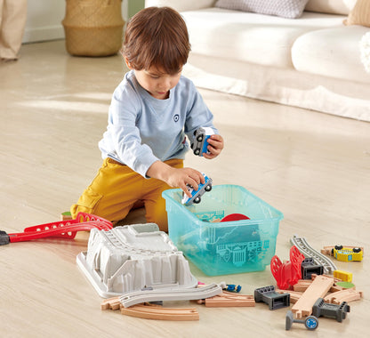Hape City Railway and Train Bucket Set Toy with Hoisting Magnetic Crane for Trains, Trucks, and Cargo for Kids Ages 3 and Up, Multicolor
